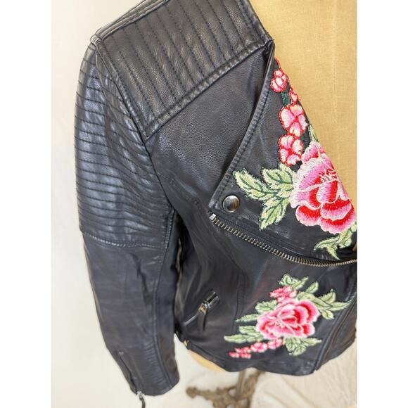 Top Shop Black Faux Leather Embroidered Moto Jacket Womens 10 / Medium #1-0166 - Picture 9 of 13
